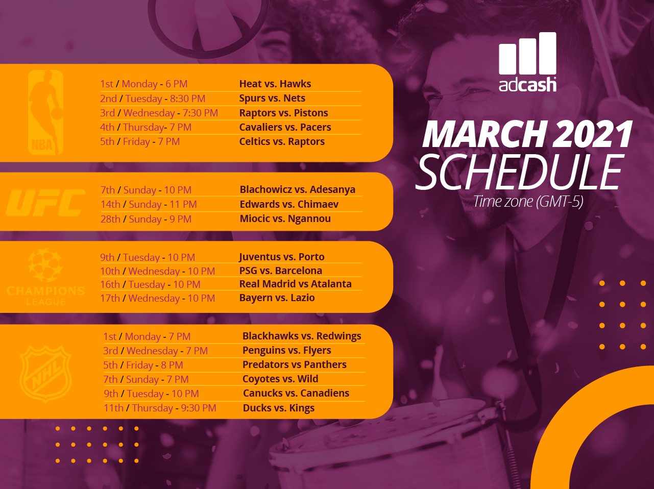 Adcash - Sporting Fixtures List - March 2021