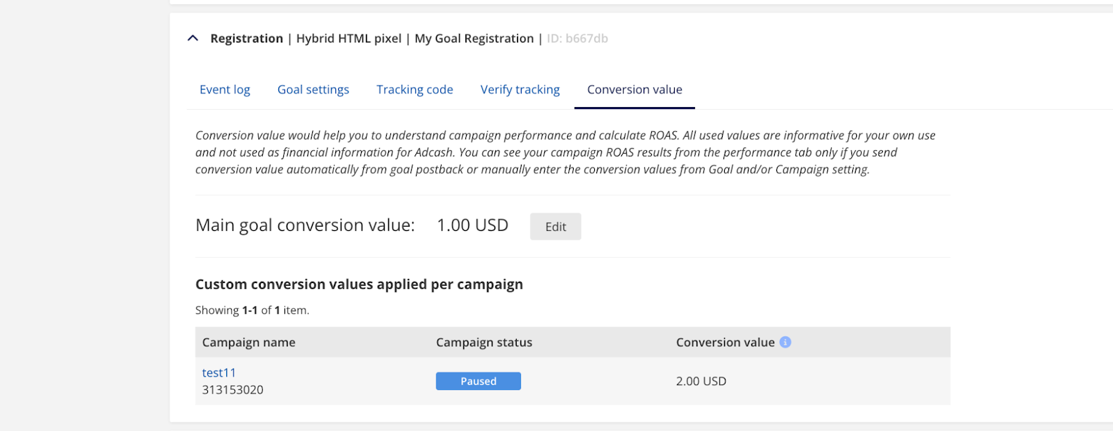 Adcash Advertiser Platform - campaign tracking goals