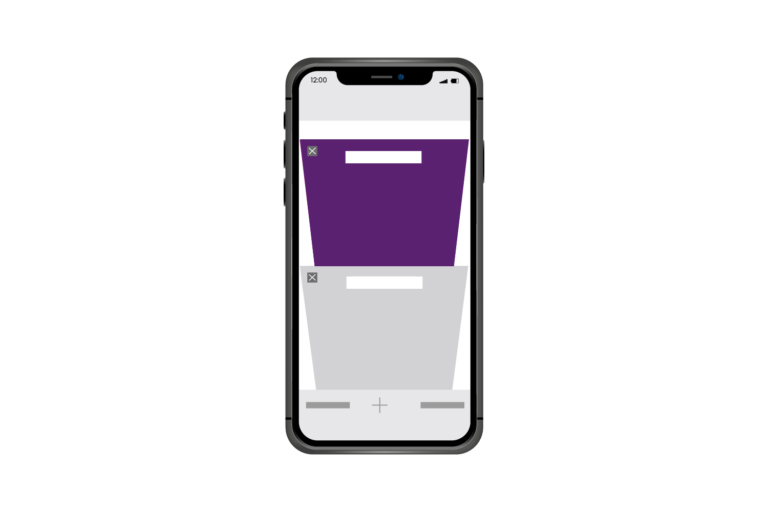 On a smartphone, a new web page, in purple, has opened behind the original web page, in gray.