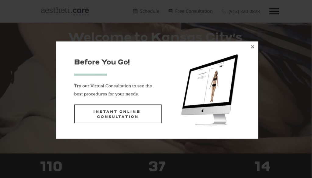 Exit pop-up window saying "Before You Go!" to encourage user to click the CTA button "Instant Online Consultation"