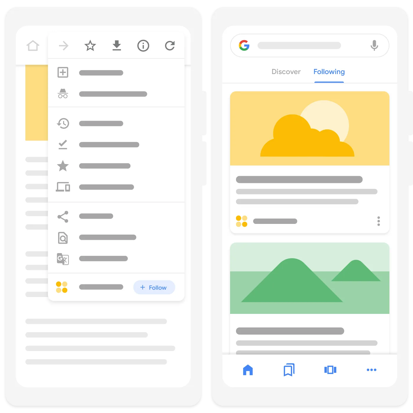 Illustration of Google Discover and Following feed displayed on mobile devices with personalized content cards and browsing interface
