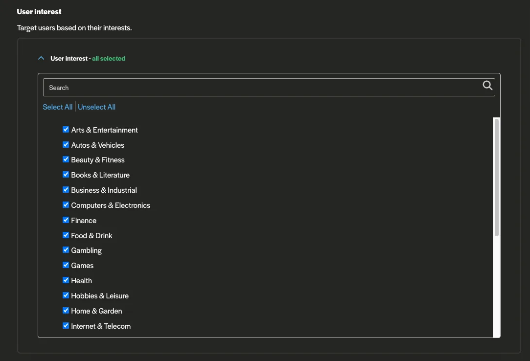 Adcash targeting settings page displaying a user interest selection panel with searchable categories such as Arts & Entertainment, Finance, Games, and Health, each with selectable checkboxes.