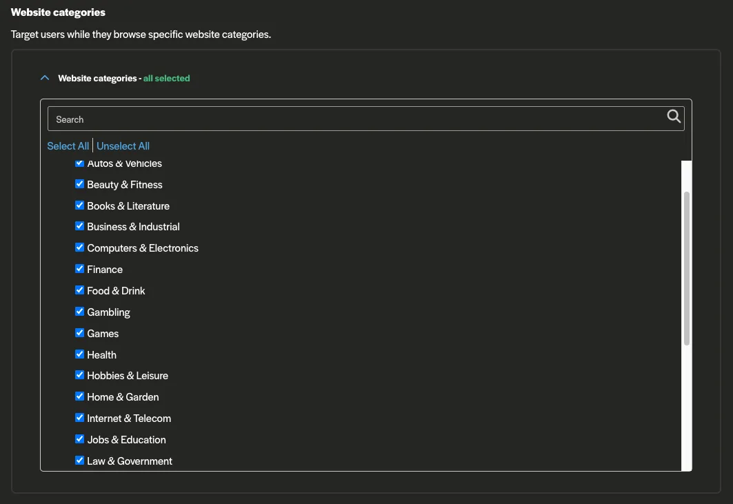 Adcash targeting settings page showing a website category selection panel with searchable categories such as Finance, Games, Health, and Jobs & Education, each with selectable checkboxes.