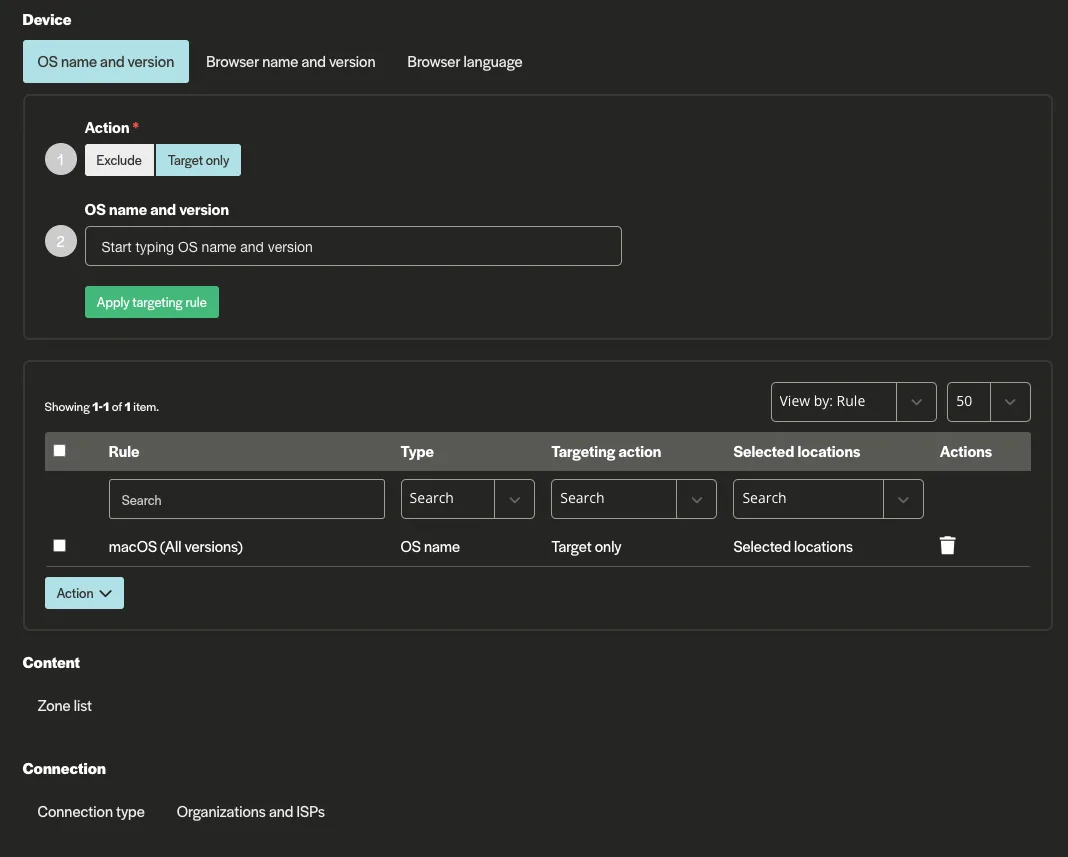 Adcash device targeting settings page displaying options to target or exclude users by OS name and version, browser details, and language, with a rule table showing macOS targeting