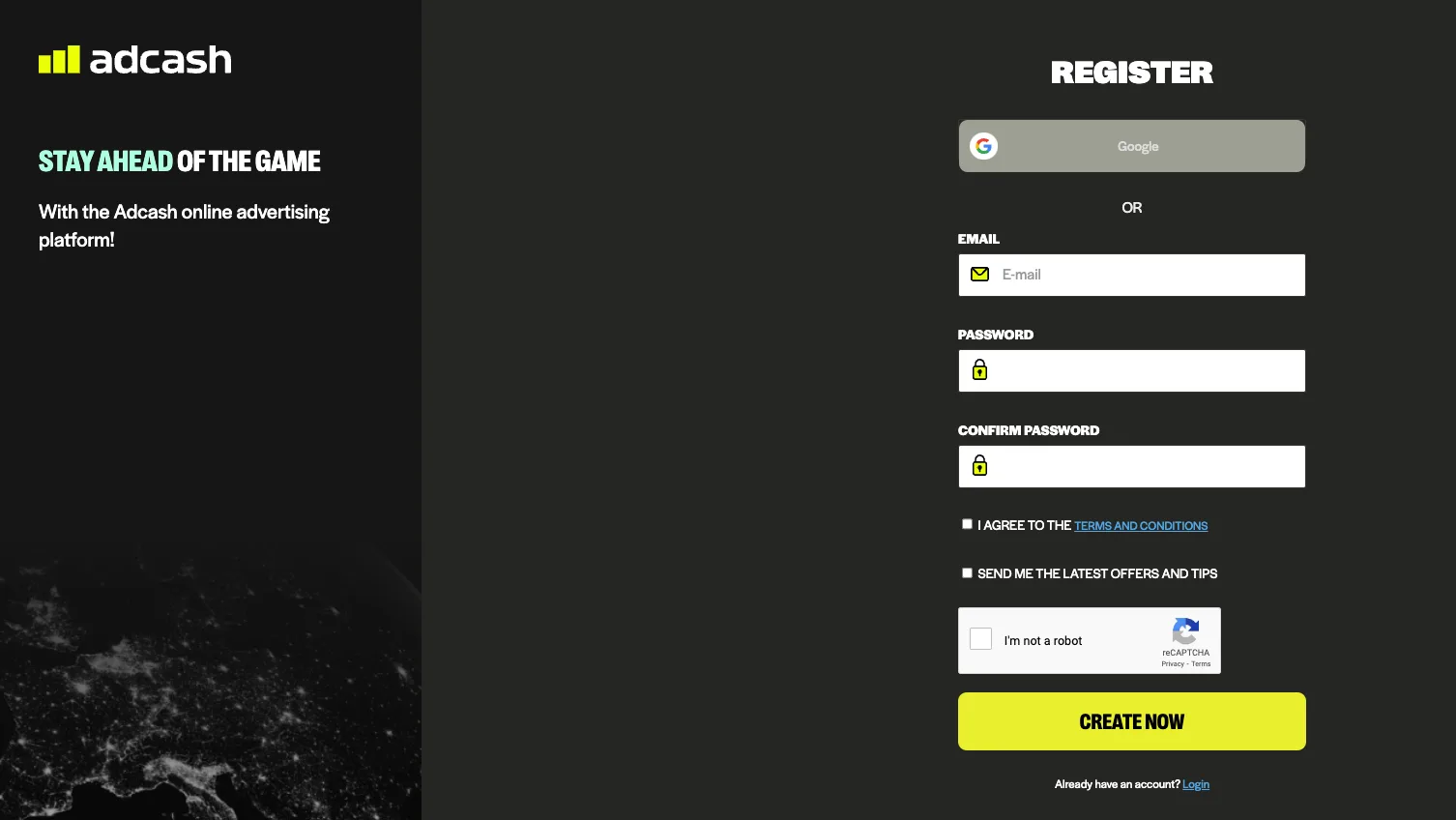 Adcash Registration screen