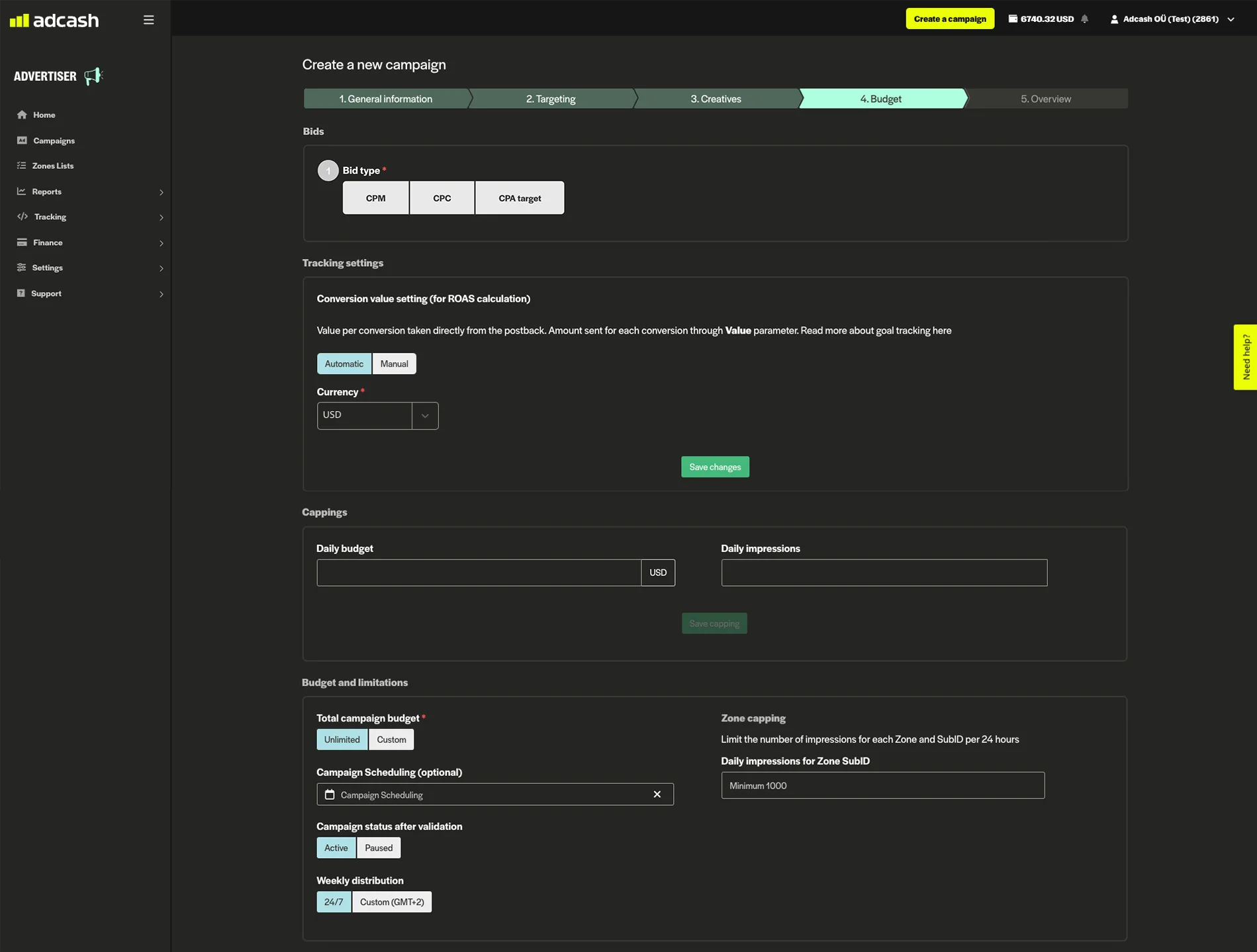 Budget options for the Adcash advertiser platform