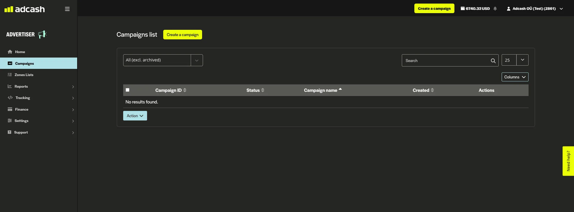 Create a campaign screen on the Adcash advertiser platform