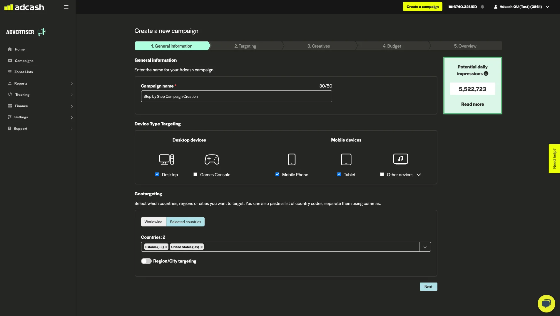Adcash campaign creation page showing the first step of setup with fields for campaign name, device targeting options, and geotargeting settings in a dark-themed dashboard interface