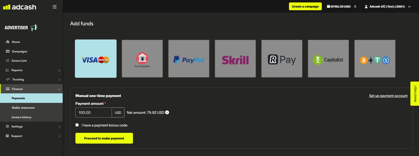 Adcash payment options for advertisers