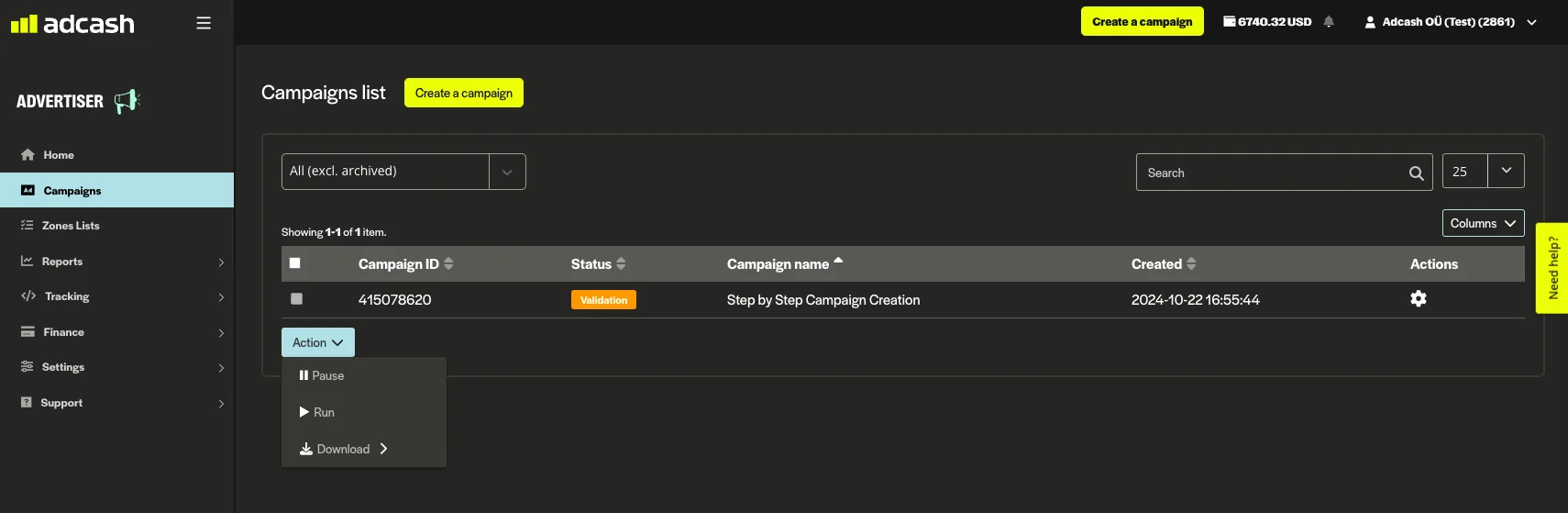 Adcash campaigns list for advertisers