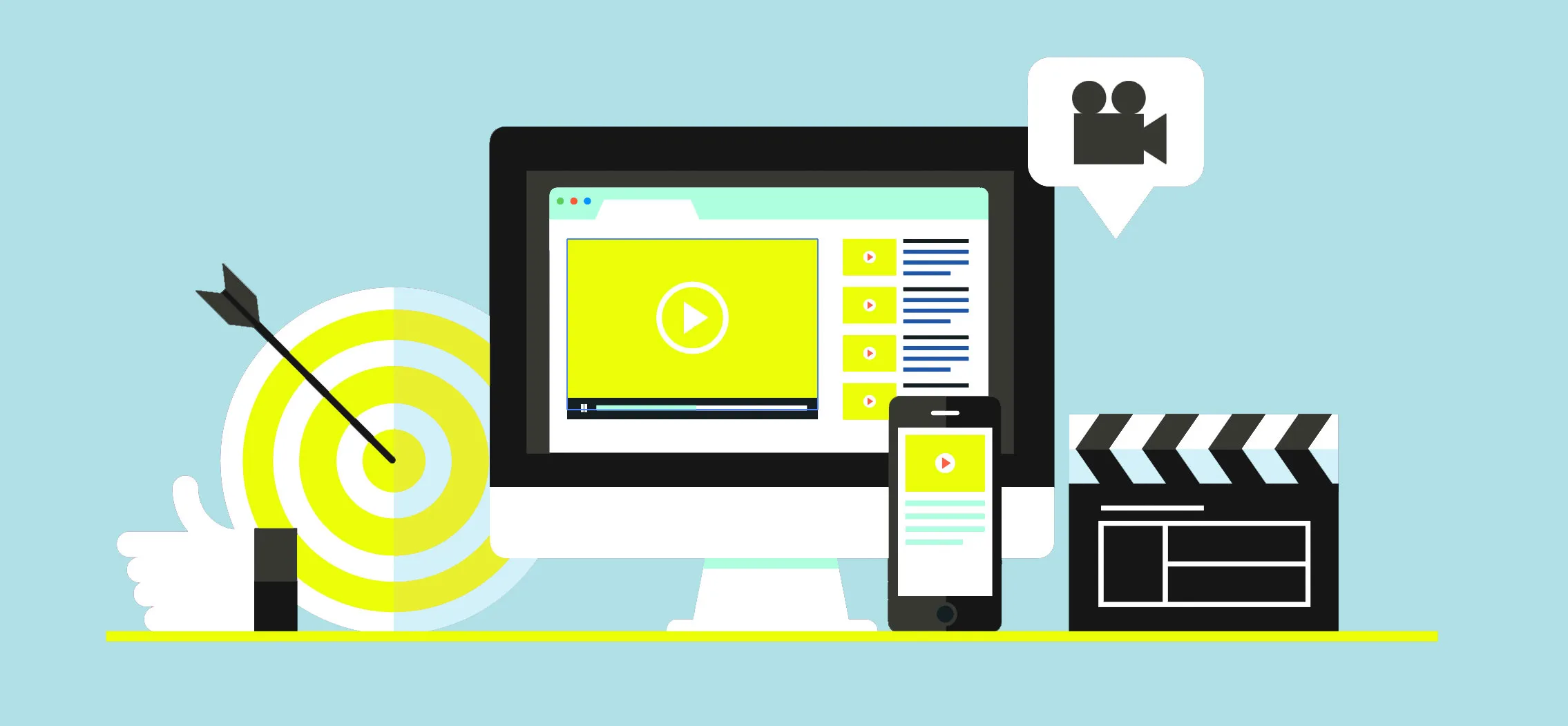 Illustration of video marketing displayed across desktop and mobile devices with streaming content, target icon, and film production symbols