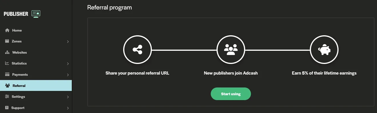 Adcash referral program screenshot for publishers