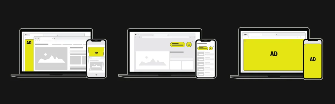 Illustration of desktop and mobile devices displaying different online advertising formats including banner ads, in-page push ads, and interstitial ads