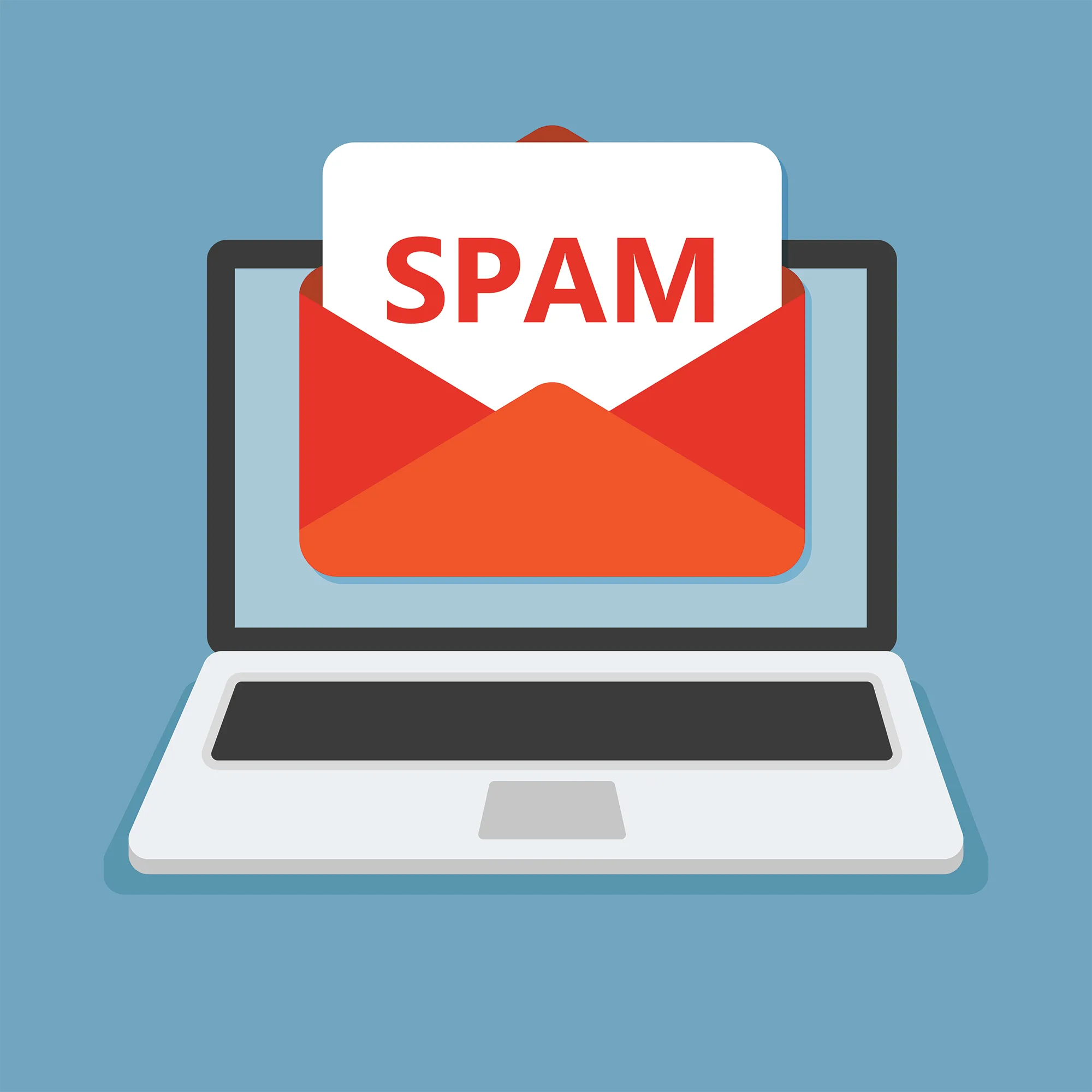 Illustration of a laptop displaying a spam email message inside a red envelope on the computer scree