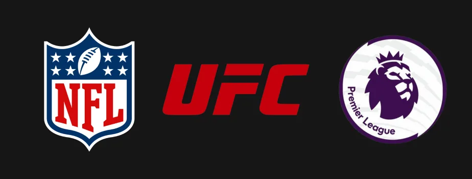 Logos of the NFL, UFC, and Premier League displayed side by side on a dark background representing popular global sports organizations