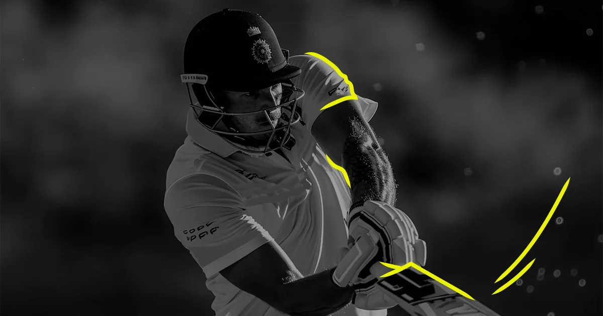 Cricket player mid-swing with bat highlighted in neon accents