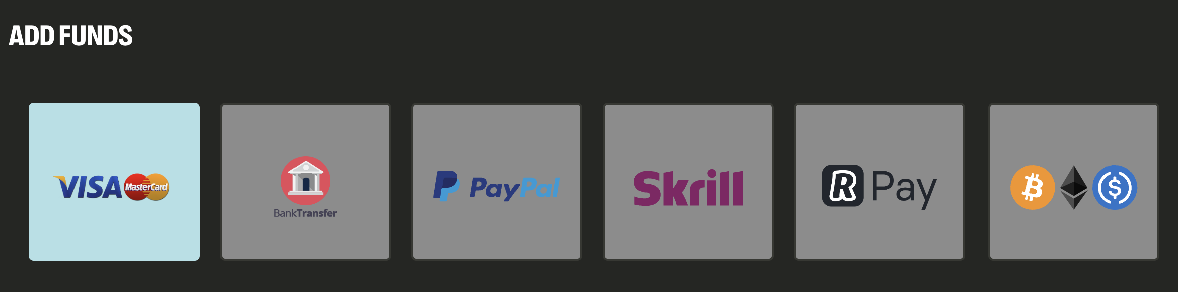 Adcash payments page displaying multiple funding options including Visa, PayPal, Skrill, and crypto payments.