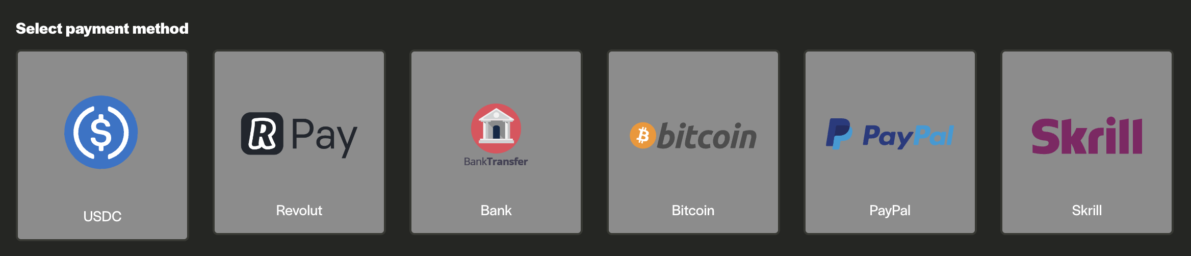 Payment selection screen displaying multiple payout methods including USDC, Revolut, bank transfer, Bitcoin, and Skrill options