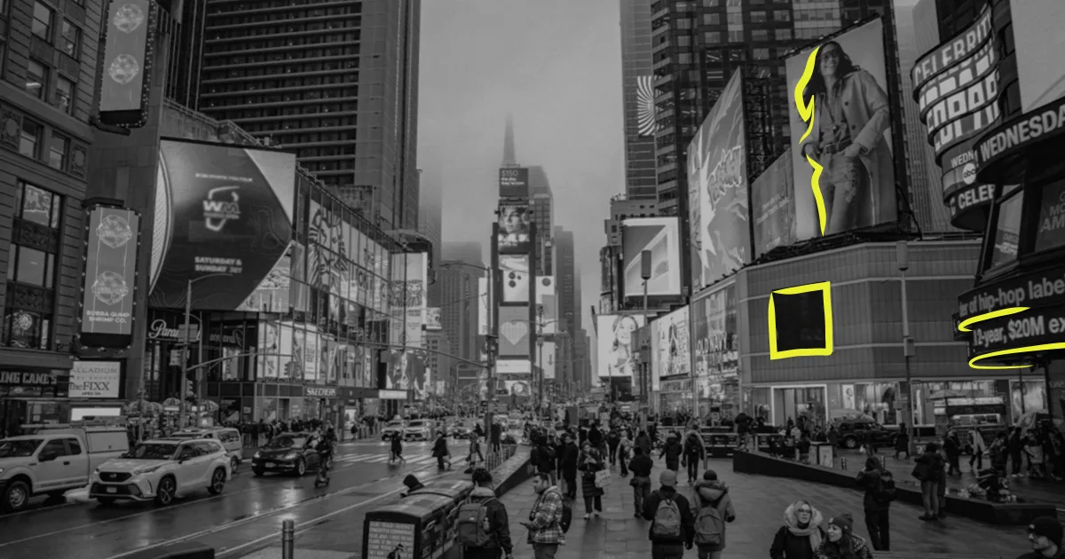Black-and-white headline image of a crowded city street with large digital billboards and outdoor advertisements in an urban setting.