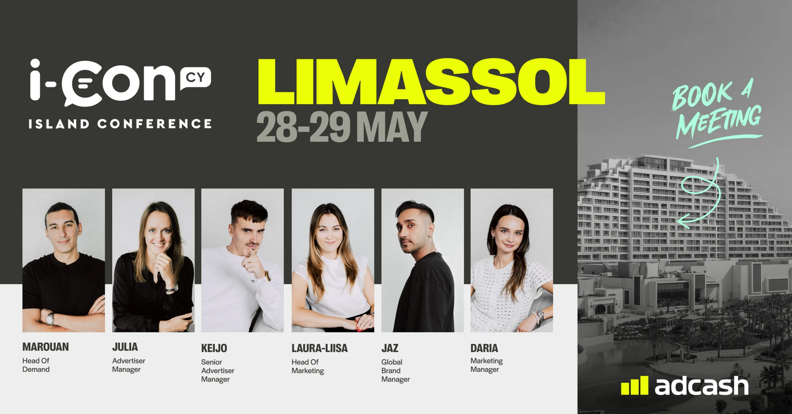 Promotional event banner for Limassol featuring attendee headshots, speaker names, and event dates displayed in a modern conference-style layout.Select 80 more words to run Humanizer.