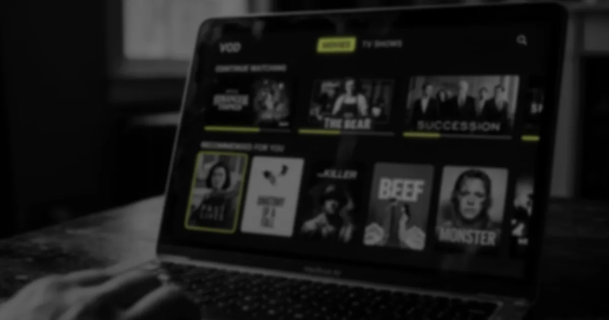 Black and white image of a streaming platform on a tablet