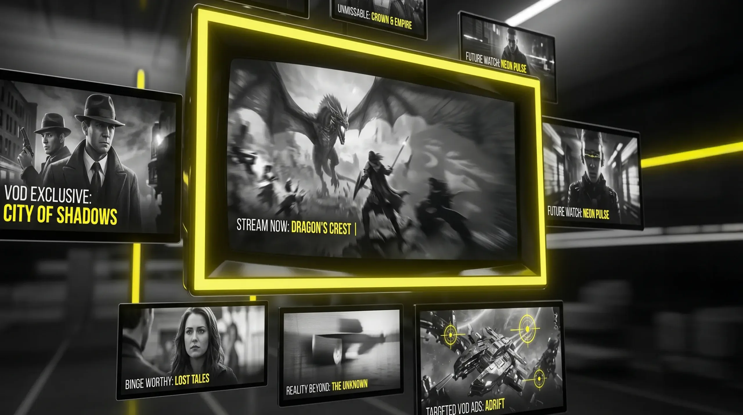 VOD Advertising examples in a stylised grid.