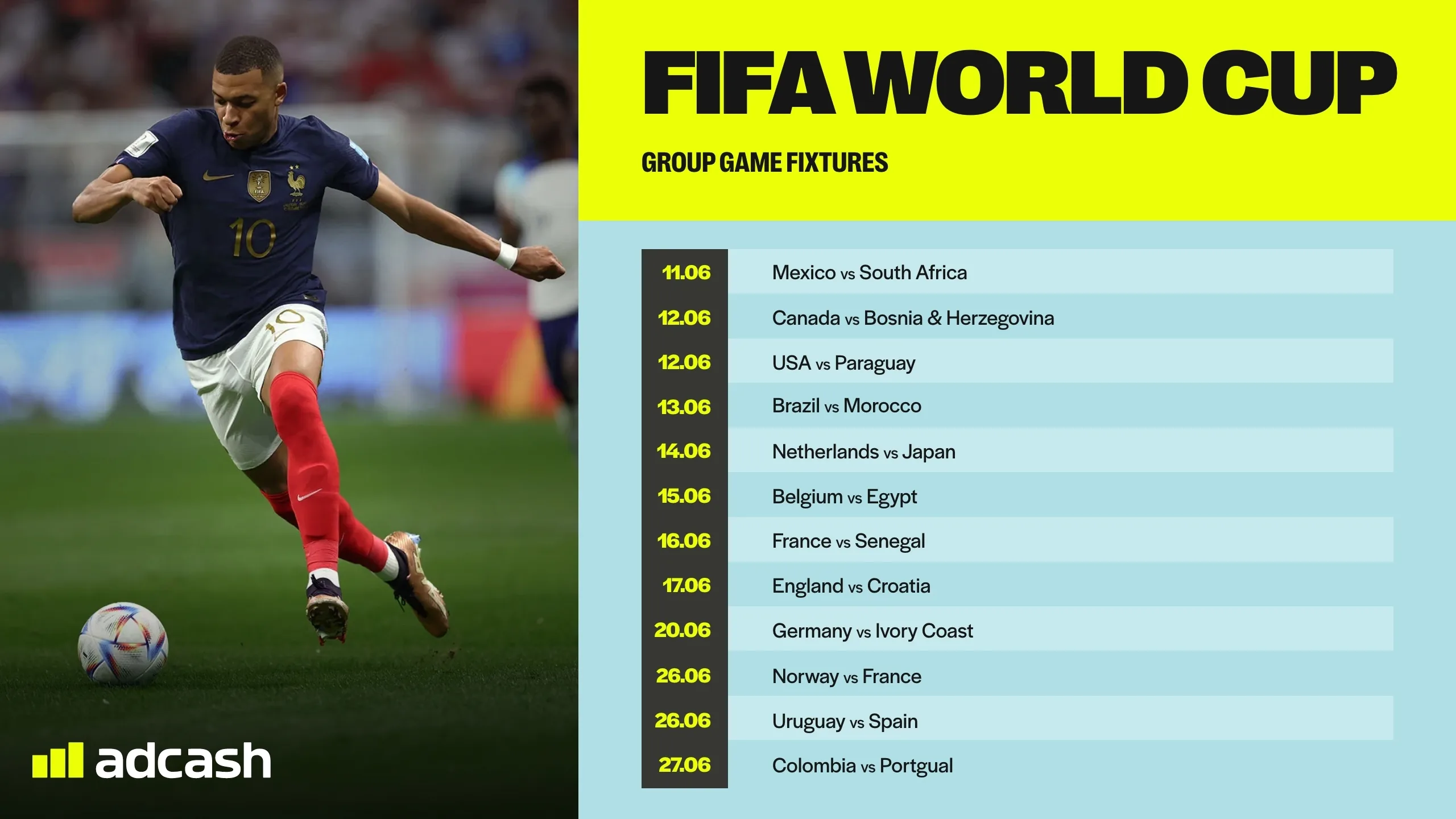 FIFA world cup key group stage fixtures with Mbappe in a France shirt