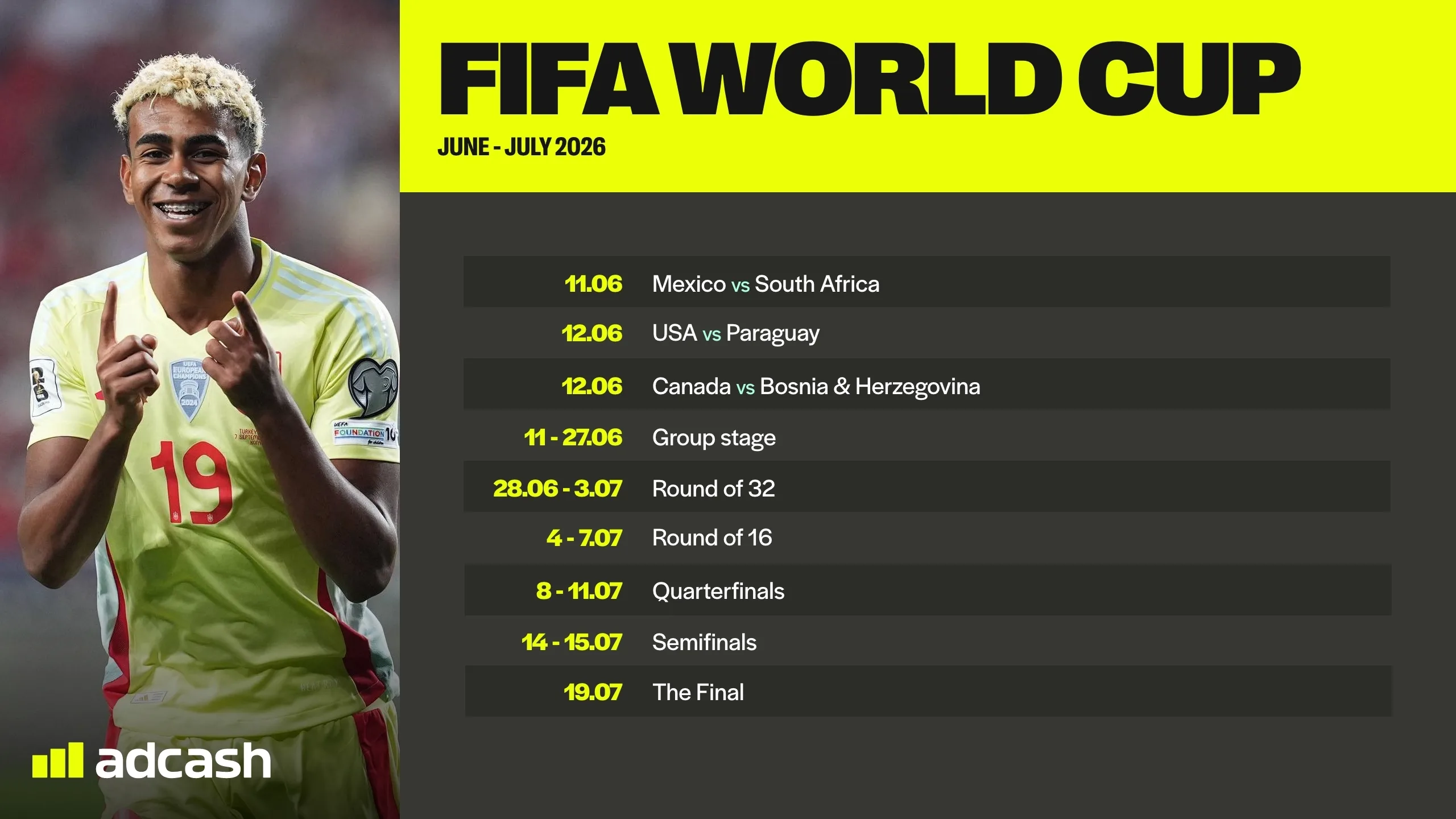 FIFA World Cup tournament key dates with Yamal in a Spain shirt
