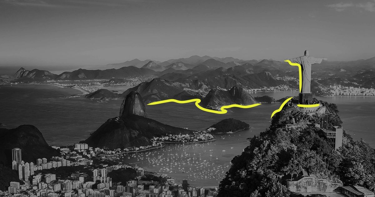 Black and White view of Rio in Brazil looking over the bay with Christ the Redeemer on the right
