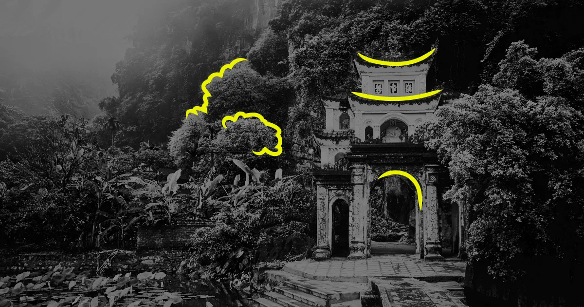 black and white image of a temple in a rainforest in SE Asia