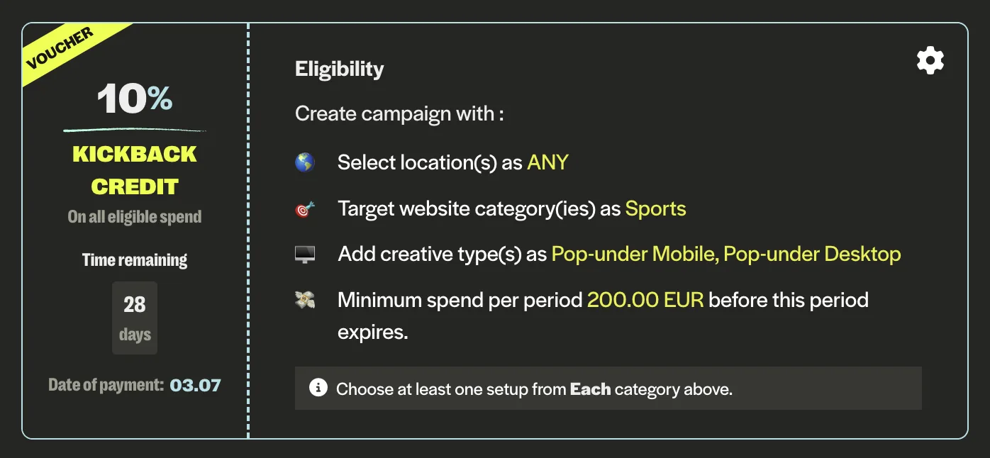 Adcash 10% kickback voucher for the world cup, including criteria
