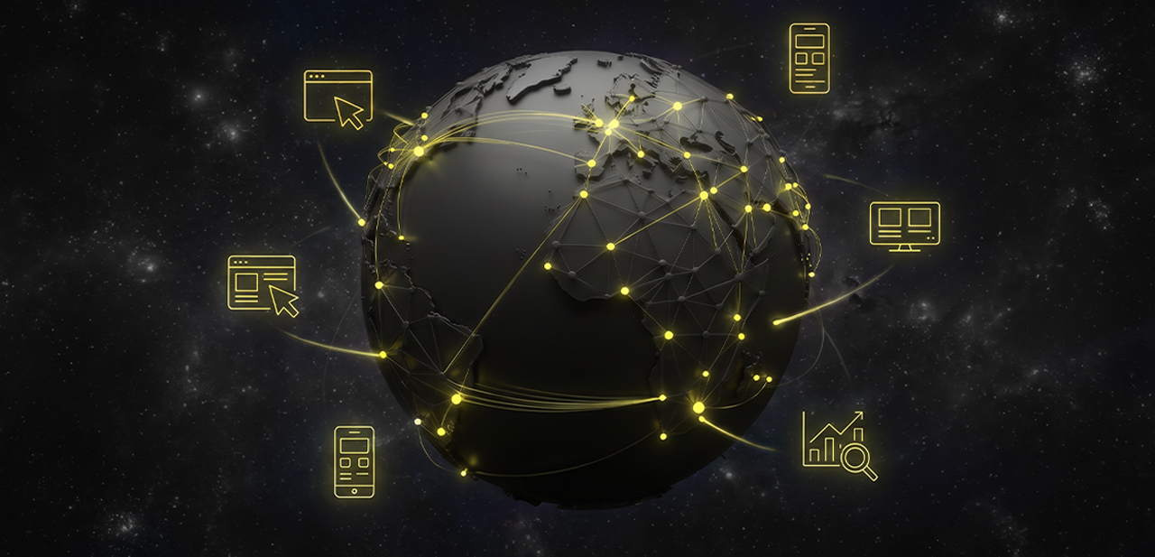 Black and yellow globe with different ad networks making connections across it