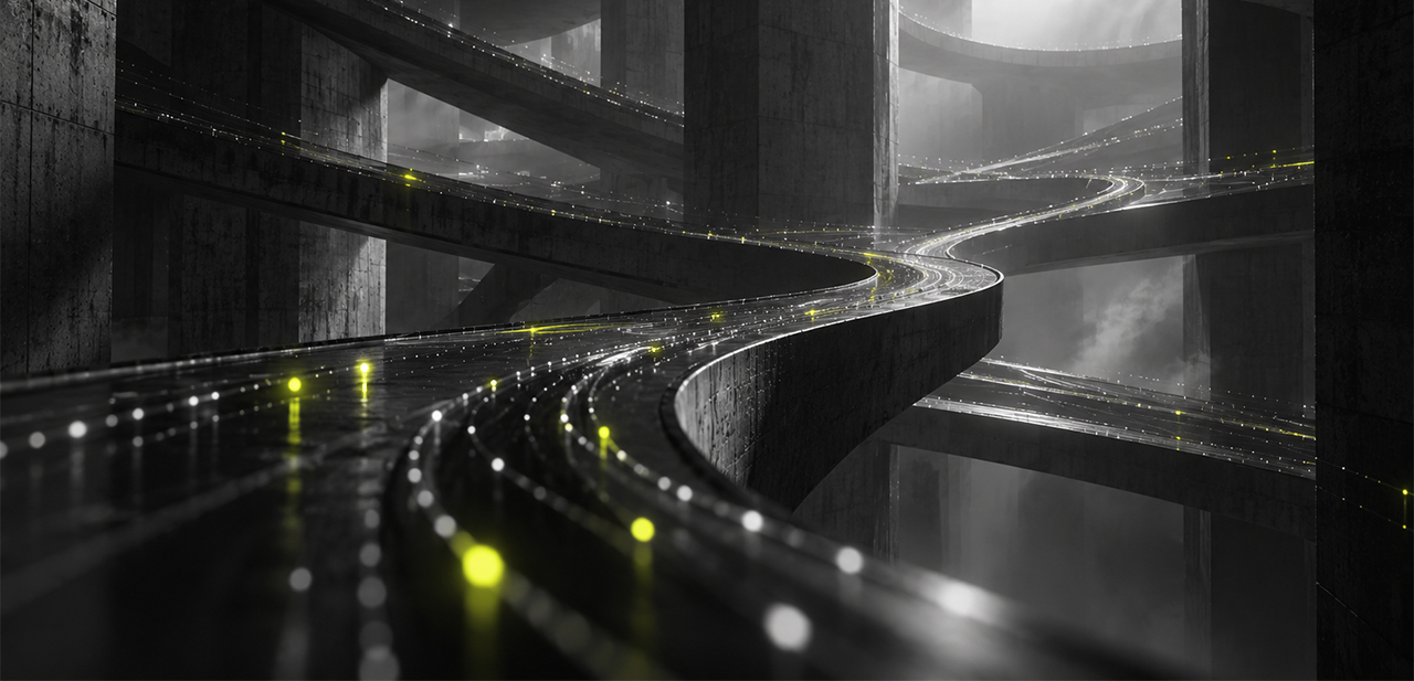 Futuristic black and white image of roads, resembling connections or cables