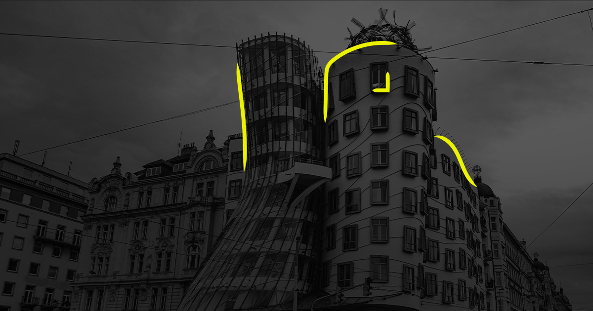 Black and white image of the Dancing House in Prague